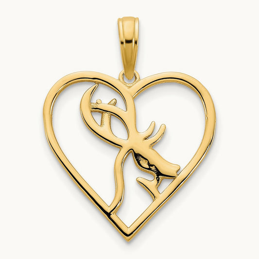Deer in a Heart Pendant, 14K Yellow Gold