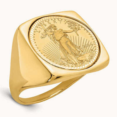 Men's Polished D/C Square Mounted 1/10oz AM Eagle Coin Bezel Ring, 14K