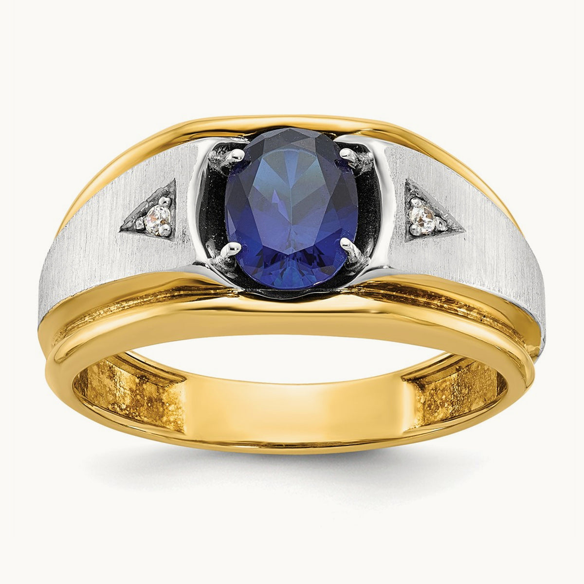 14ktt IBGoodman Men's Satin Lab Created Sapphire & AA Diamond Ring