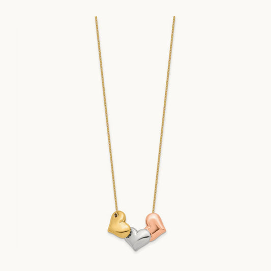 Tri-color Polished Hearts 17 in w/ 1in ext. Necklace, 14K