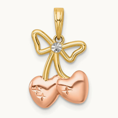 plating Polished Heart Cherries Charm, 14K with White Rhodium and Rose