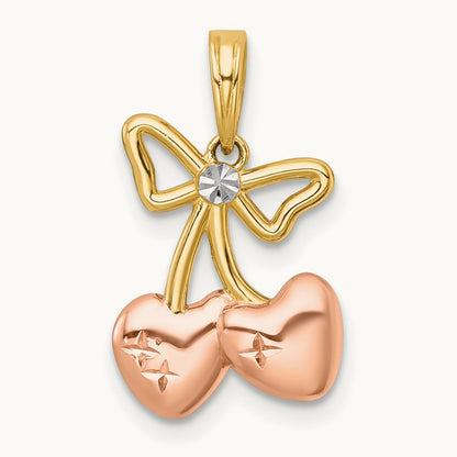plating Polished Heart Cherries Charm, 14K with White Rhodium and Rose