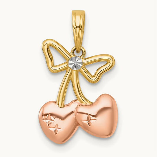 plating Polished Heart Cherries Charm, 14K with White Rhodium and Rose