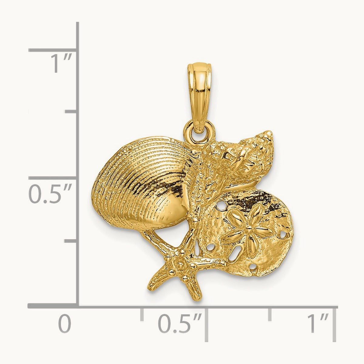 Polished Shell, Starfish and Sand Dollar Cluster Charm, 14K