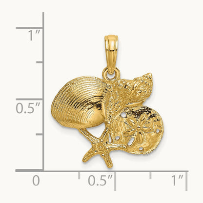 Polished Shell, Starfish and Sand Dollar Cluster Charm, 14K