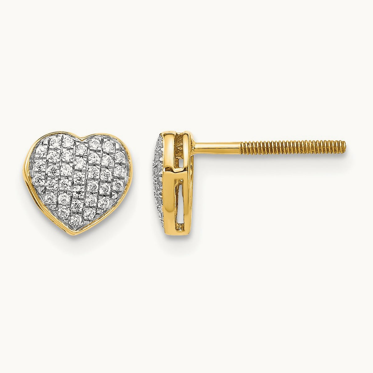 Diamond Heart Screw Back Post Earrings — 14K Yellow Gold