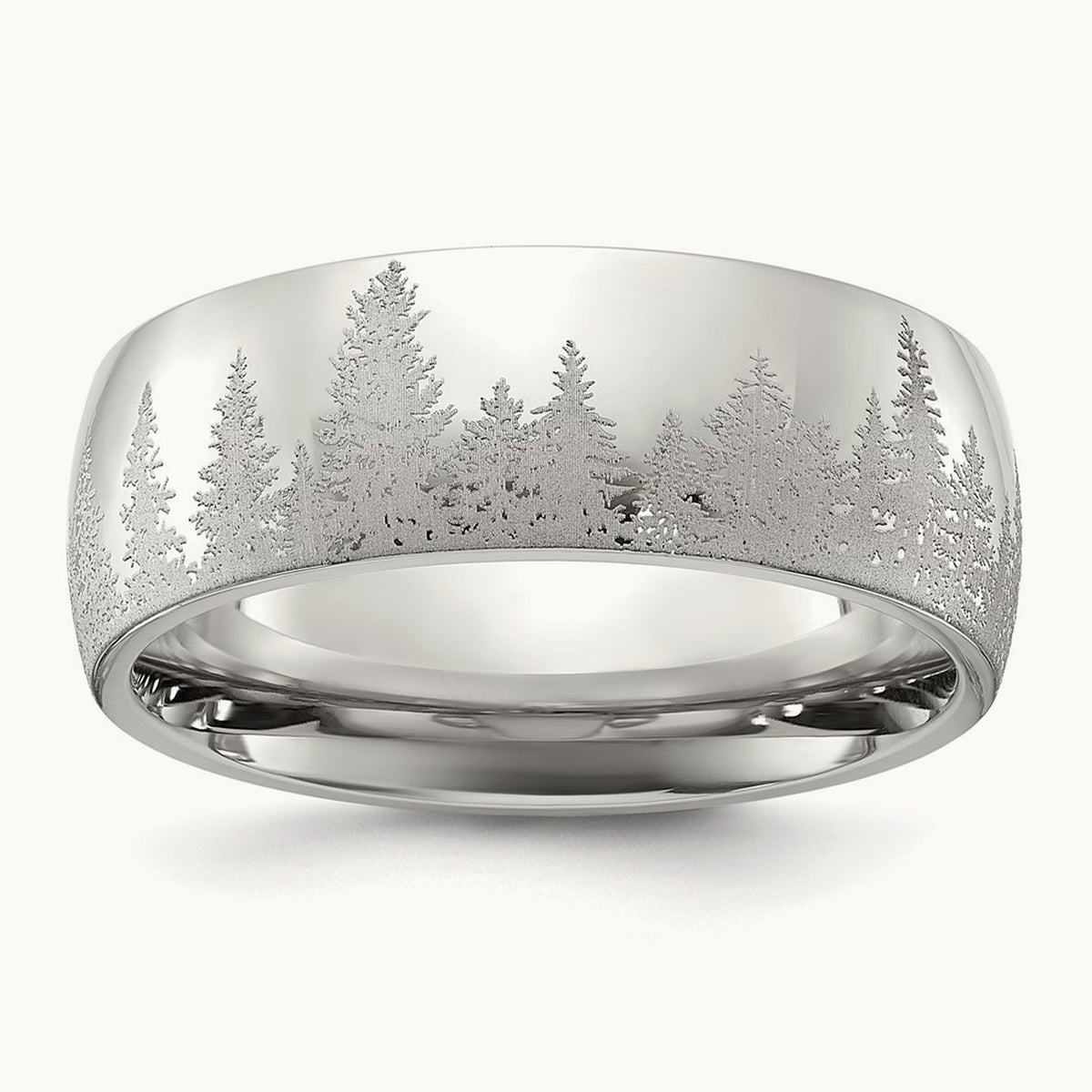 Polished with Lasered Tree Design Band, 8mm, Stainless Steel