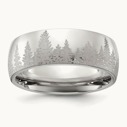 Polished with Lasered Tree Design Band, 8mm, Stainless Steel