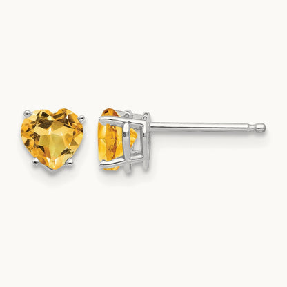 Heart Citrine Earrings, 5mm, 14K White Gold