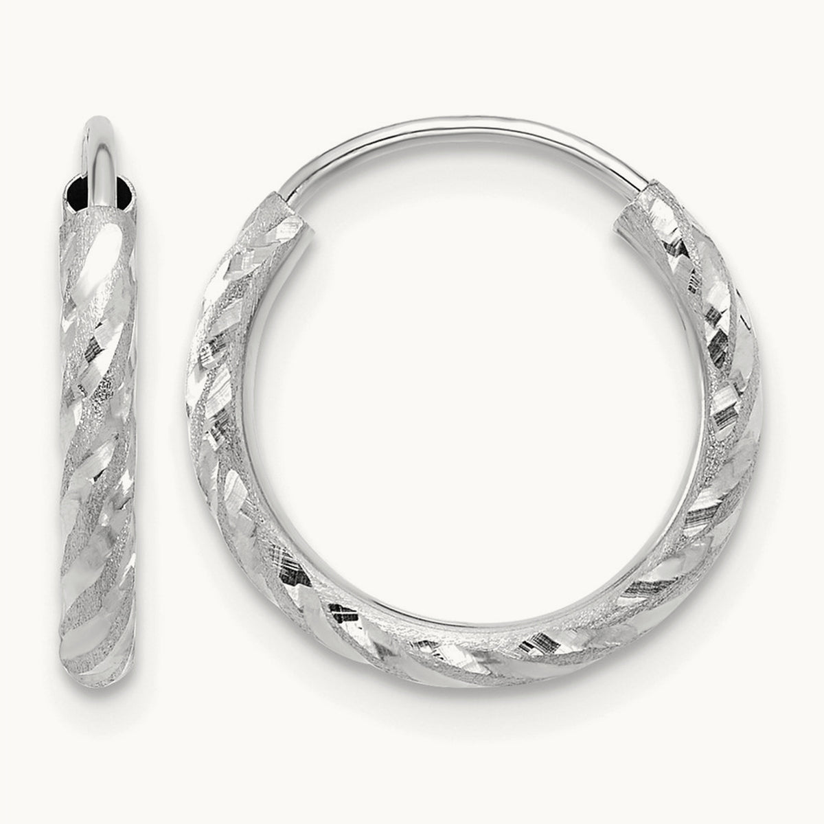Polished and Satin Diamond-cut Endless Hoop Earrings — 14K White Gold