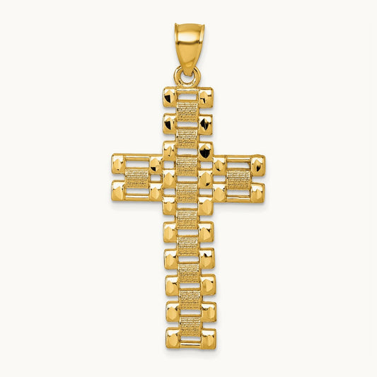 Polished Diamond-cut Textured Fancy Link Cross Pendant, 14K