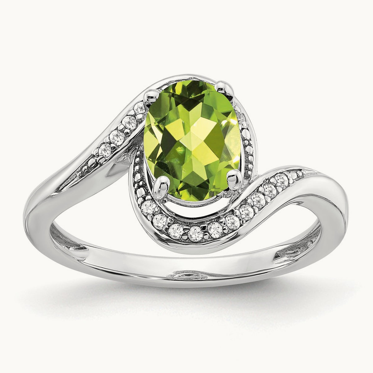 Oval Peridot and Diamond Bypass Ring, 14K White Gold