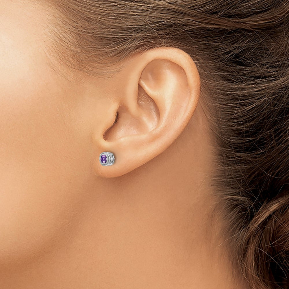 Cushion Amethyst and Diamond Earrings — 14K White Gold