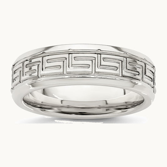 Sterling Silver 6mm Polished Flat Greek Key Design Beveled Edge Fancy Band