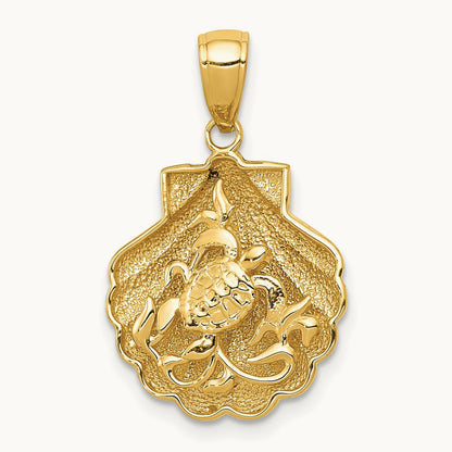 Sea Turtle in a Shell Pendant, 14K
