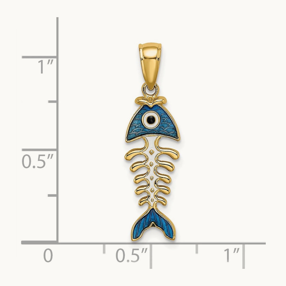 3D Blue Enamel Fish Bone Charm, 14K