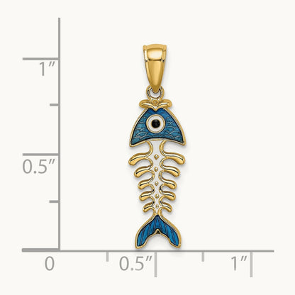 3D Blue Enamel Fish Bone Charm, 14K