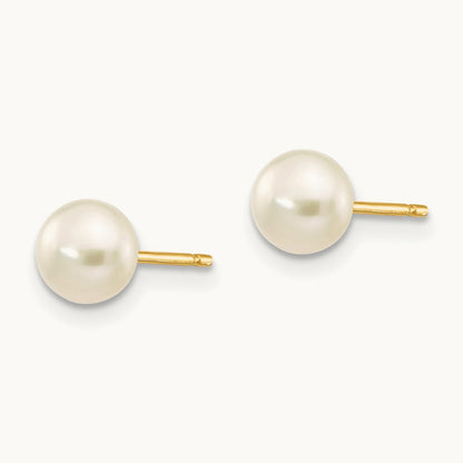 5- White Button Freshwater Cultured Pearl Stud Post Earrings, 6mm, 14K