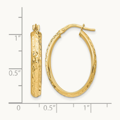 Polished Diamond-cut Oval Hoop Earrings — 14K Yellow Gold