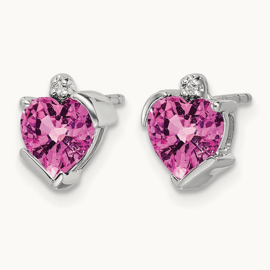 Created Pink Sapphire and Diamond Heart Earrings, 14K White Gold