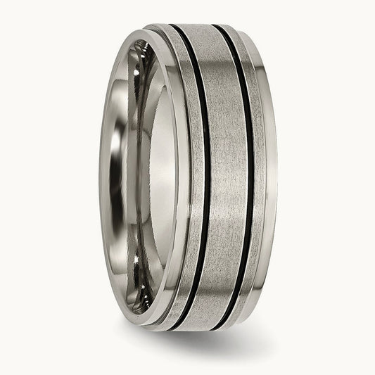 Satin Center Black Enamel Ridged Edge Band — photo set