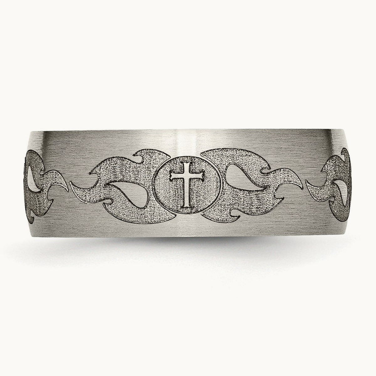 Brushed Cross with Flames Laser Design Band — photo set
