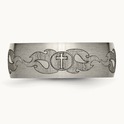 Brushed Cross with Flames Laser Design Band — photo set