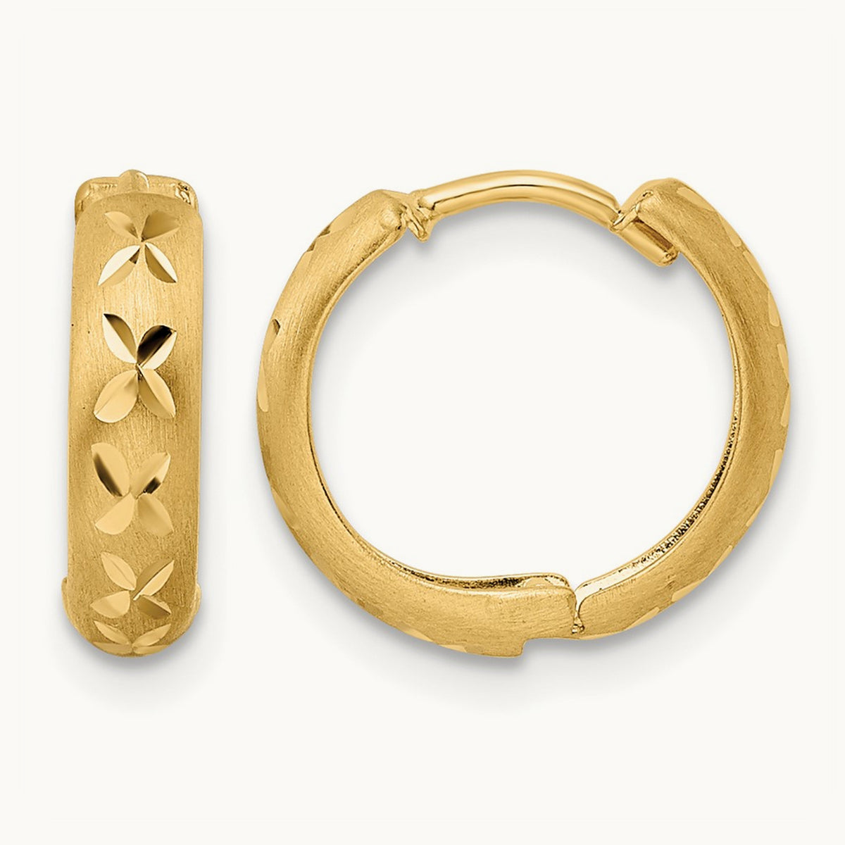 Diamond-cut X Satin 3x13mm Hinged Hoop Earrings — 14K Yellow Gold