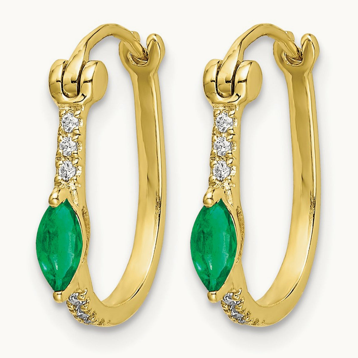 1/20ct Diamond and Emerald Oval Hoop Earrings, 14K