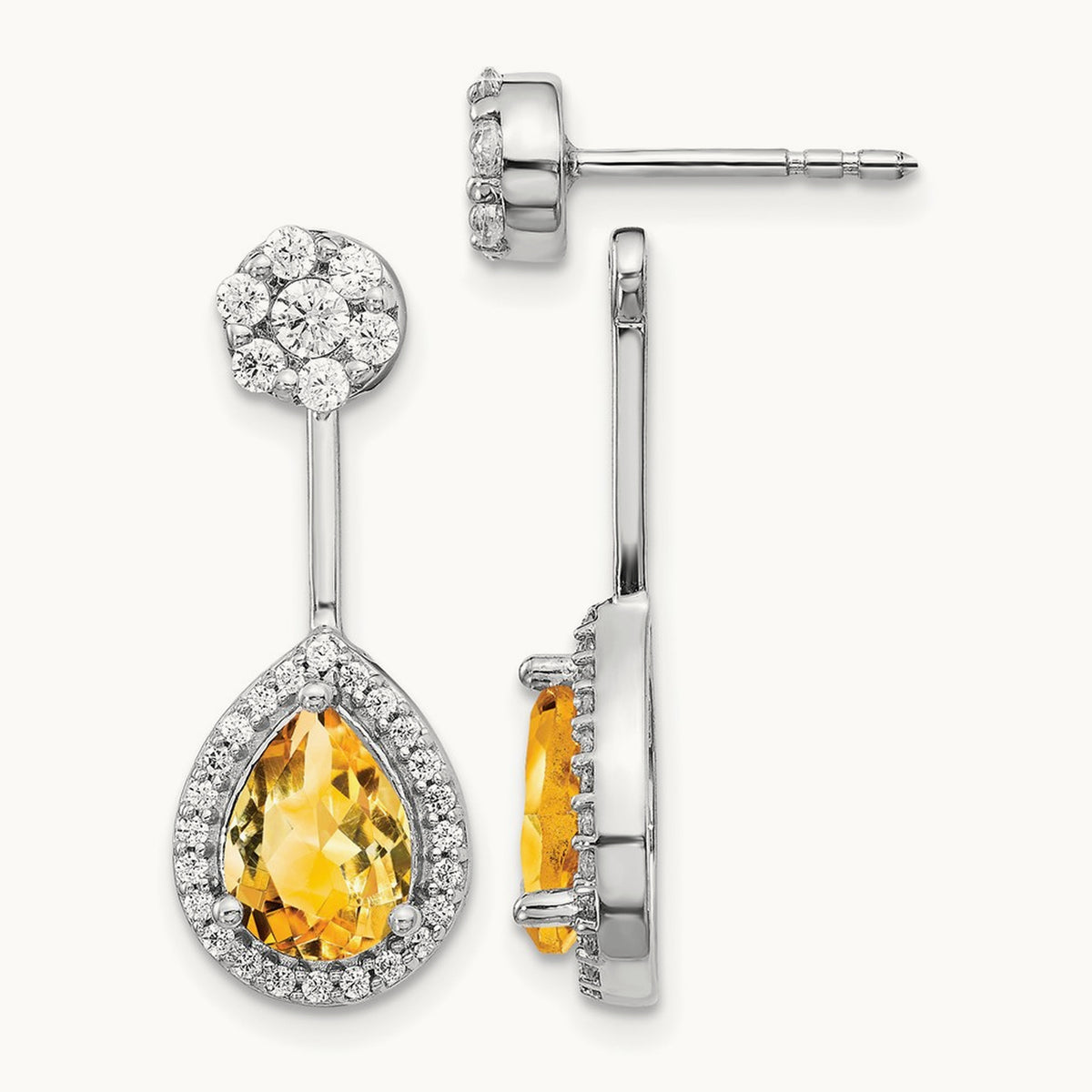 Diamond/Pear Citrine Front/Back Earrings, 14K White Gold