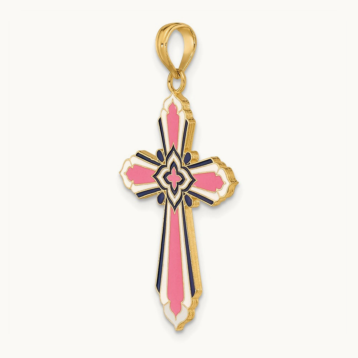 3-D W/ Pink and White Enamel Cross Charm, 14K