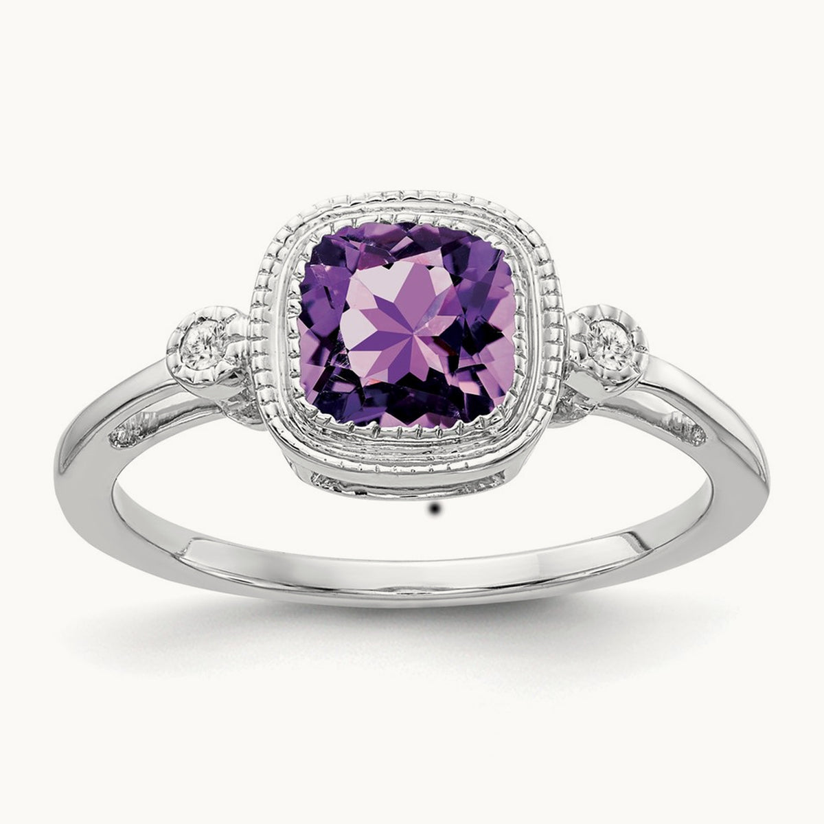 Cushion Amethyst and Diamond Ring — 14K White Gold, 7