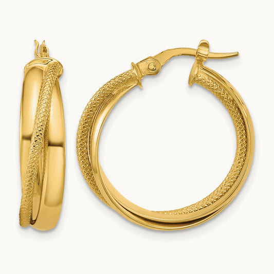 Polished and Textured Round Hoop Earrings, 10K — Leslie's