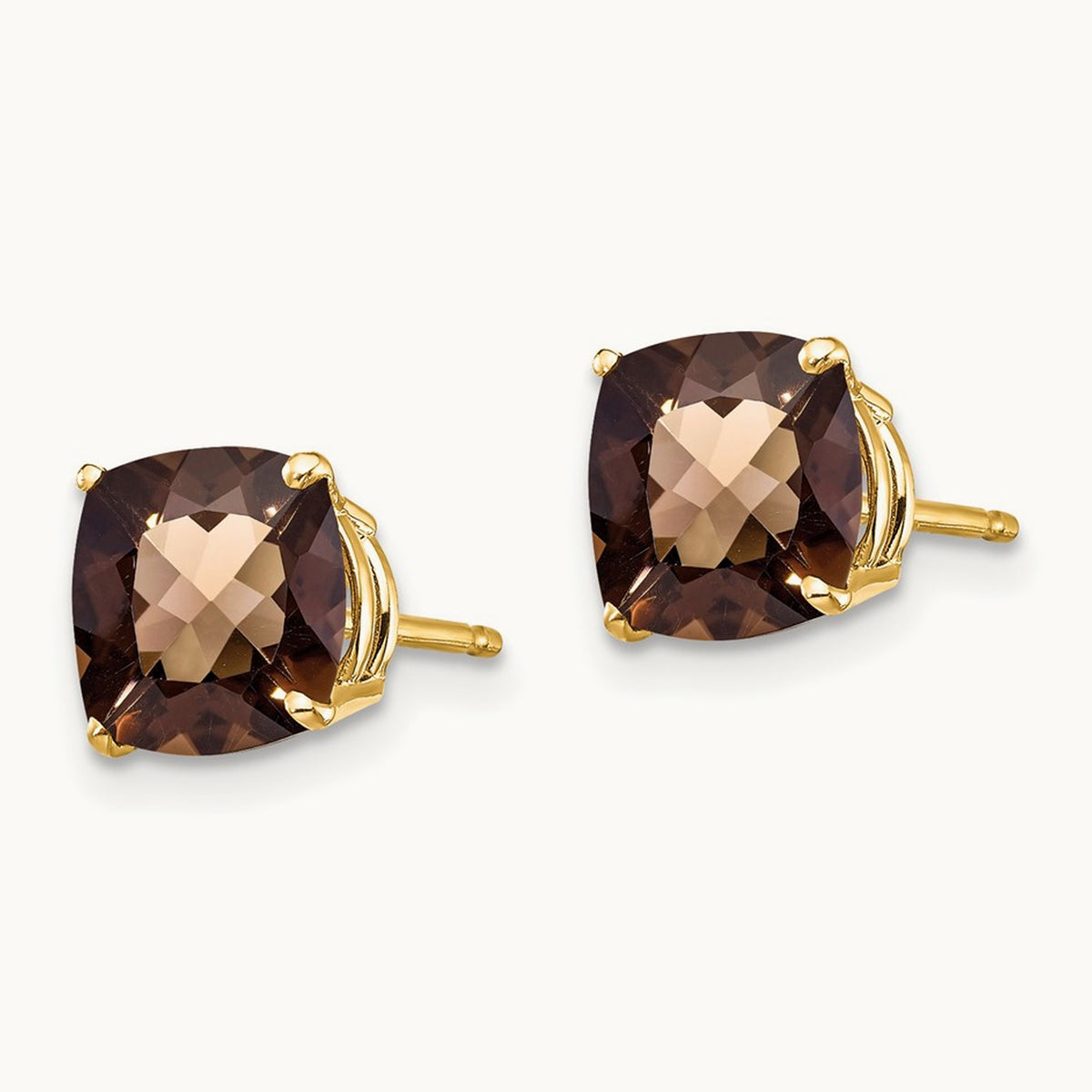 Cushion Checker-Cut Smoky Quartz Earring — 14K Yellow Gold
