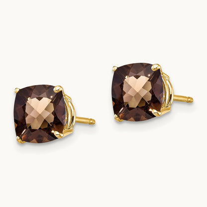 Cushion Checker-Cut Smoky Quartz Earring — 14K Yellow Gold