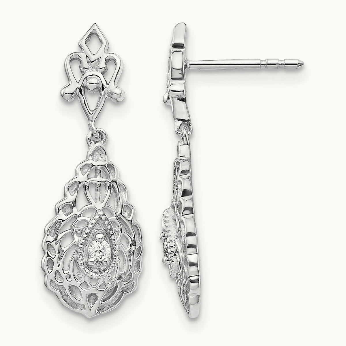 Diamond Teardrop Vintage Post Earrings, 14K White Gold