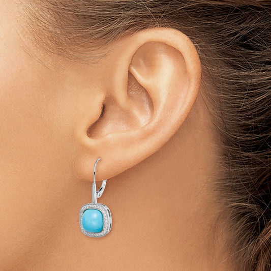 Turquoise and Diamond Leverback Earrings — 14K White Gold