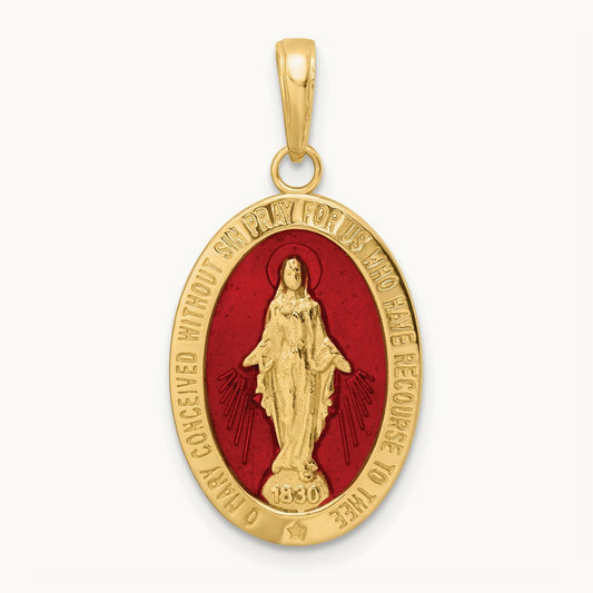 Red Enameled Miraculous Medal Pendant, 14K