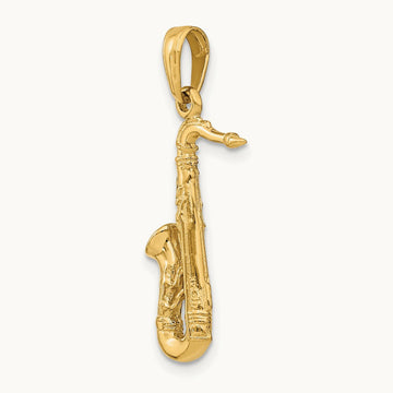 Solid Polished 3-D Saxophone Charm — 14K Yellow Gold