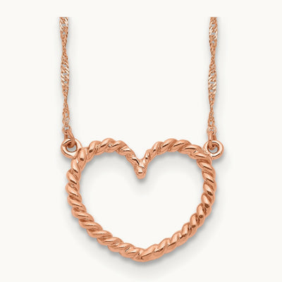 Polished and Textured Heart 17 inch Necklace, 14K Rose Gold