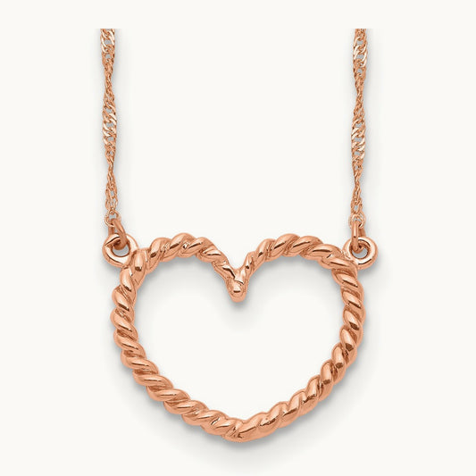 Polished and Textured Heart 17 inch Necklace, 14K Rose Gold