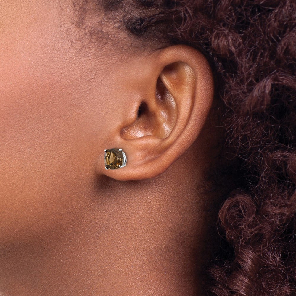Cushion Checker-Cut Smoky Quartz Earring — 14K White Gold