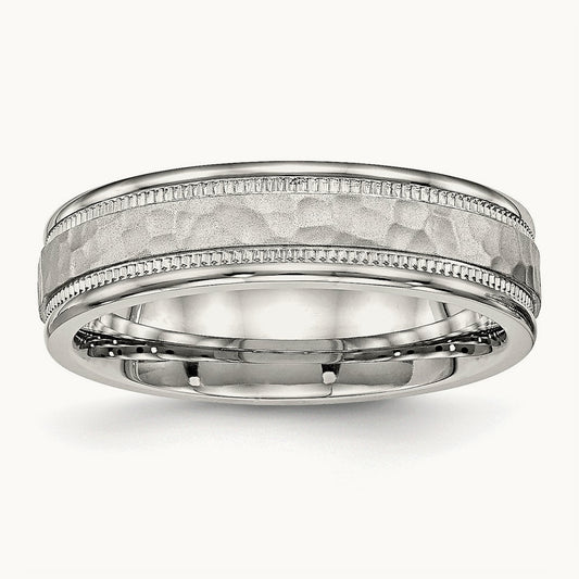Polished and Hammered Grooved Band, 6mm, Stainless Steel