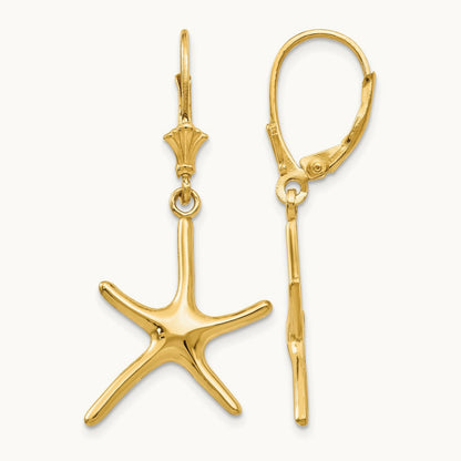 Dancing Starfish Leverback Earrings — 14K Yellow Gold