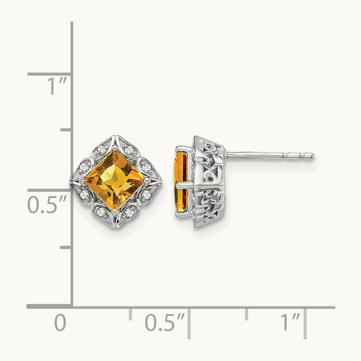 Square Citrine and Diamond Earrings — 14K White Gold, 8.25mm