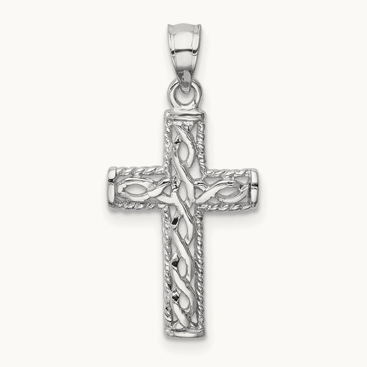 Polished Braided Cross Pendant — 14K White Gold