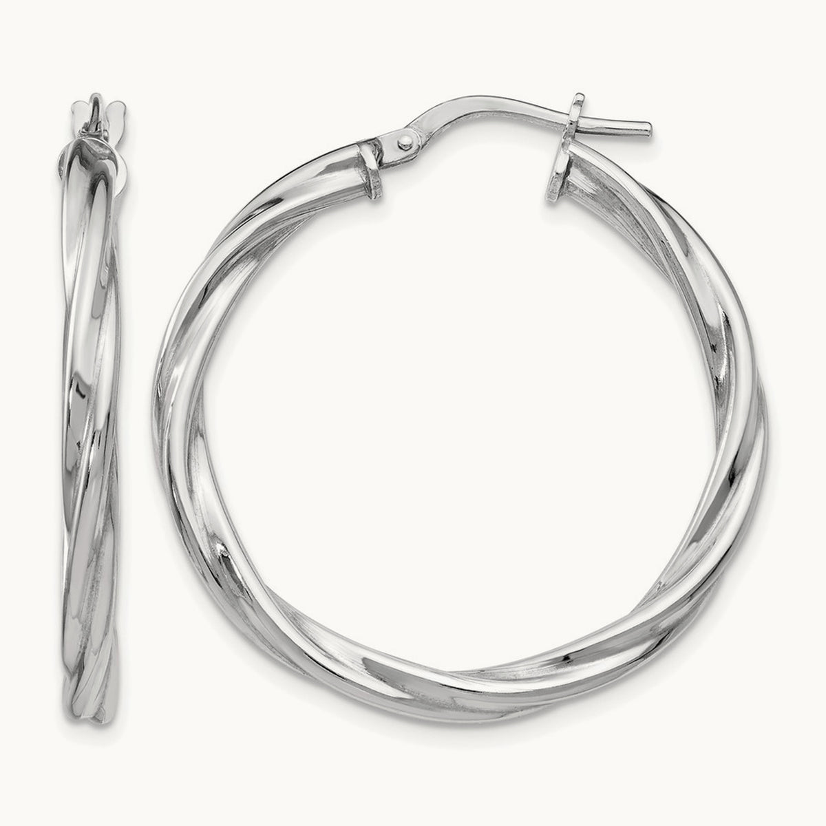 Rhodium-plated Polished Twisted Hinged Hoop Earrings — 32mm