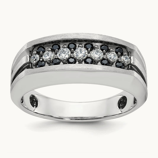 w/Black RH IBGoodman Men's Satin/Grooved Black/White Dia Ring, 14K White Gold