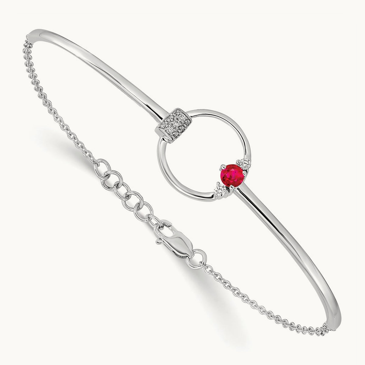 Polished Diamond and Ruby Circle 7in w/.5in ext Bracelet, 14K White