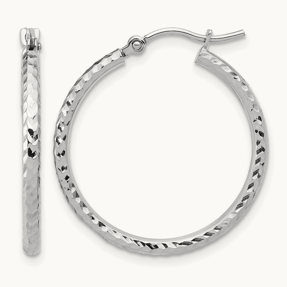 Diamond-cut Round Tube Hoop Earrings — 10K White Gold